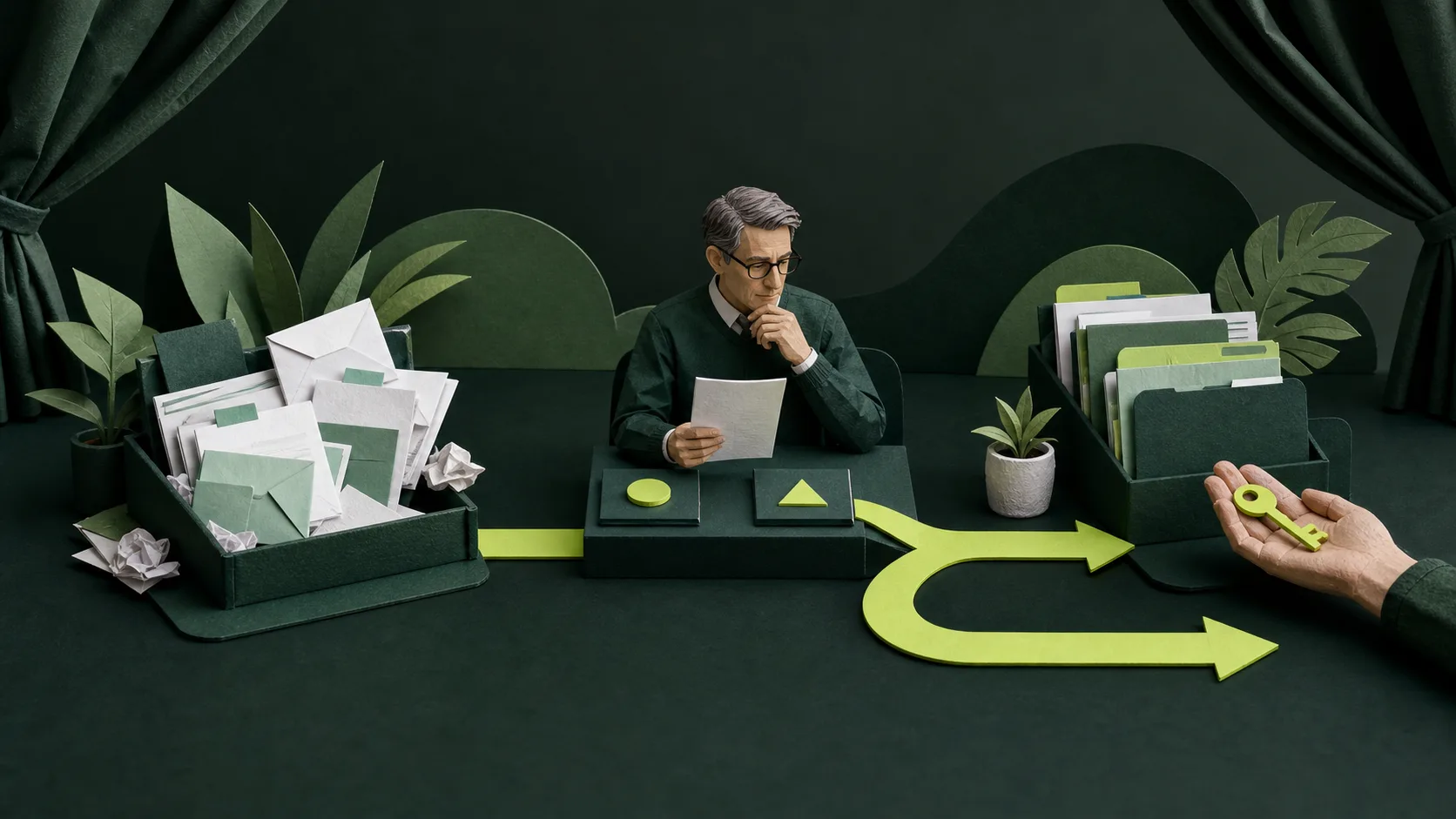 A paper-crafted workflow pauses for professional review before the client receives the ownership key.