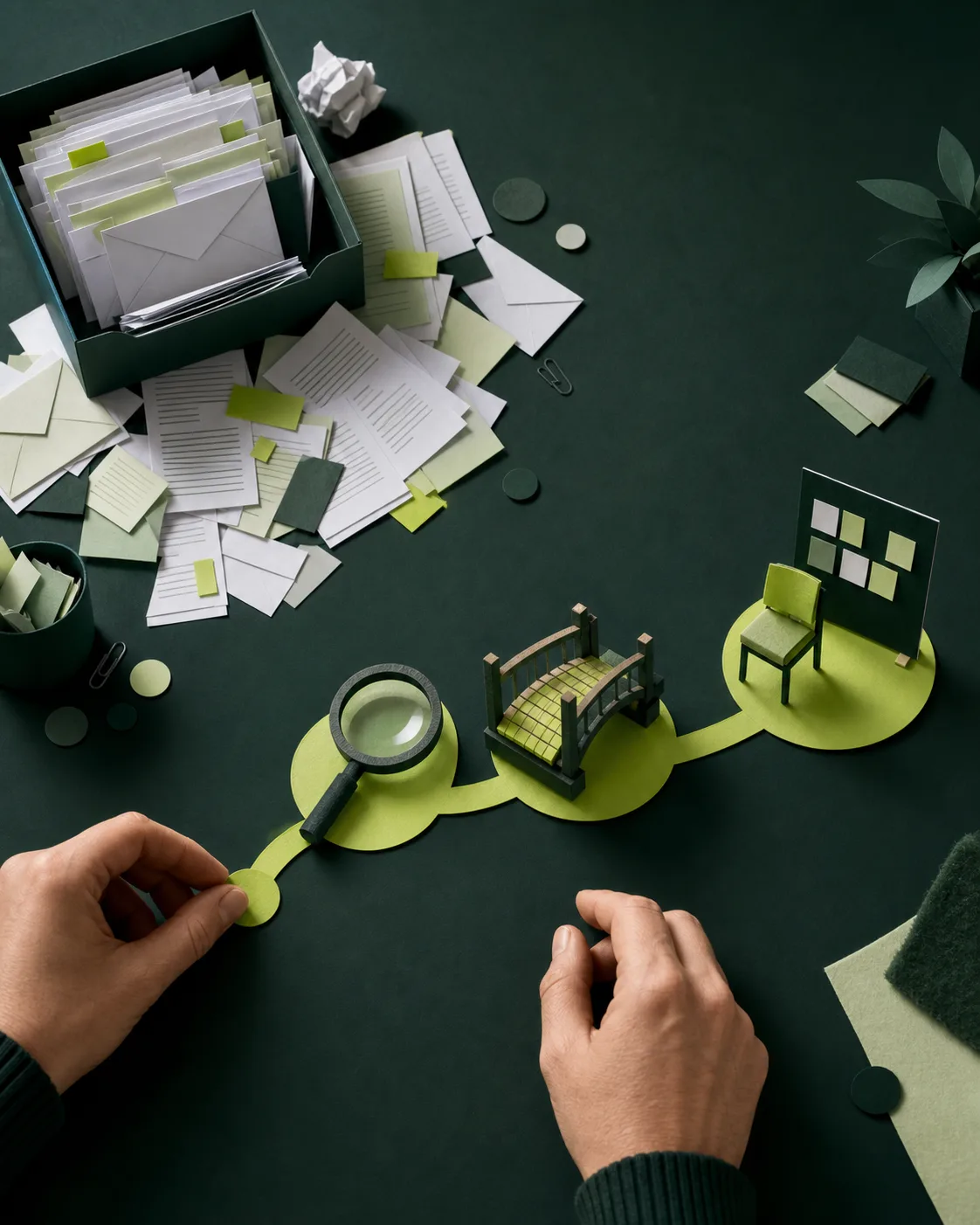 Hands map one messy workflow into an audit, a fixed build, or an ongoing working relationship.